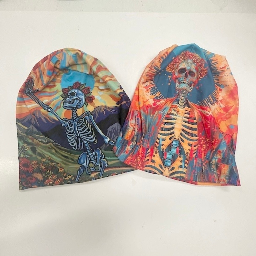 2 Bright Multicolor Day of the Dead Skeleton Beanies Soft & Warm One Size
